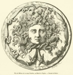 Leder av Medusa fra Farnese-koppen, ved Napoli-museet (gravering) av French School