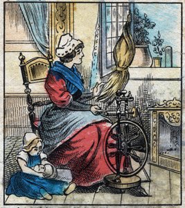Textile, linen. A woman uses a mechanical spinning wheel to spun linen. Engraving. Epinal imaging late 19th century. av French School