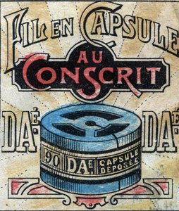 Tekstil, lin. Kapsel for bruk av Dae sytråd. Gravering. Epinal avbildning sent på 1800-tallet. av French School