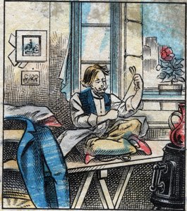 Tekstil, lin. Sytråd kuttet i nøster. Gravering. Epinal avbildning sent på 1800-tallet. av French School