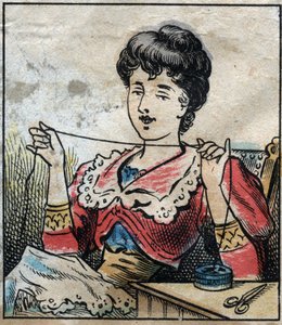 Tekstil, lin. Kvinne som bruker kapsler for å bruke sytråd. Gravering. Epinal avbildning sent på 1800-tallet. av French School