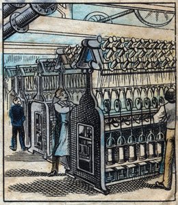 Textile, linen: the workshop. Transforming the ribbons into drills and then into threads using spinning metiers. Engraving. Epinal imaging late 19th century. av French School