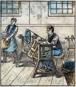 Tekstil, lin: verksted. Sytråden legges ut på kort eller ruller i en ball. Gravering. Epinal avbildning sent på 1800-tallet. av French School