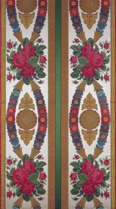 Tekstil med kranser av tusenfryd og buketter av roser av Cousin and Bony, Bissardon, Lyon, 1811 (brodert sateng) av French School