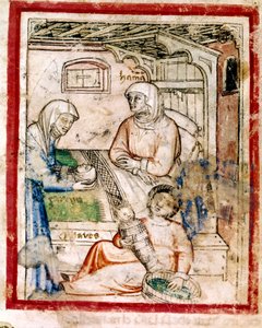 Thamar (Tamar) føder to tvillinger, Perets og Zerah, sønn av Juda, miniatyr fra codex 212 (eller padovano codice eller Bible of Padua) 1390-1400 av French School