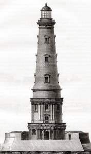 Cordouan-fyret fra 1600-tallet, nær munningen av Gironde-elvemunningen i Frankrike, sett her etter utvidelsen på 1700-tallet, fra Les Merveilles de la Science, publisert ca. 1870 (gravering) av French School