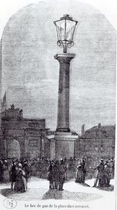 Den første gasslampen i Paris på Place du Carrousel i 1818 av French School