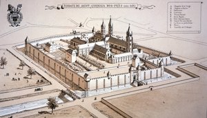Klosteret Saint-Germain-des-Prés i ca. 1520 (farget gravering) av French School