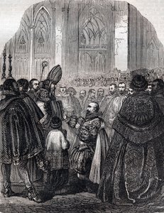 Abjuration av Henry IV, konge av Frankrike ved Saint Denis 25. juli av French School