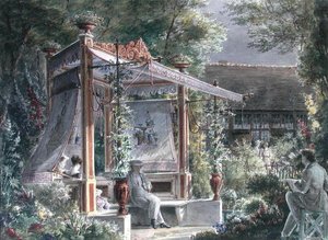 Arkitekten Jacques Ignace Hittorff (1792-1867) i hagen hans i Paris (gouache på papir) av French School
