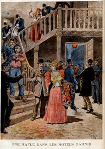 Arrestasjonen av prostituerte i Paris-hoteller (pensjonat) - En oversikt over hotellene fylt ut - i "Le Petit Journal" av 04.08.1895 (gravering) av French School