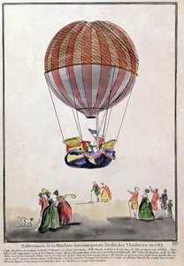 The Ascent of the Aerostat in Jardin des Tuileries, 1. desember 1783 (penn og blekk og wc på papir) av French School