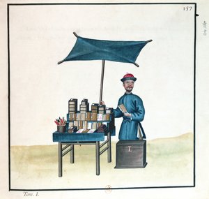 Bokselgeren, fra en bok om gaten i Peking, ca. 1785 (wc og gouache på papir) av French School