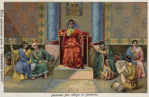 Den bysantinske keiseren Justinian I dikterer Pandects, 6. århundre av French School