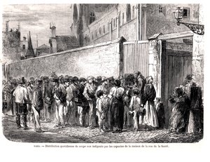 Kapusinerne i rue de la Sante distribuerer den daglige suppen til de fattige, fra Le Monde Illustre, 1860 av French School