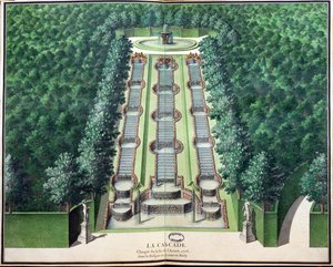 Cascade, endret på slutten av 1706, i lunden på bakken, fra Gardens of Marly, tidlig på 1700-tallet (wc på papir) av French School