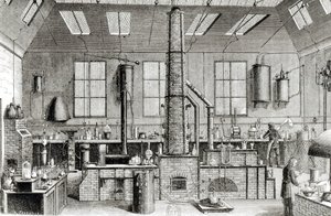 Kjemilaboratoriet til en skole i Paris, fra Almanach du Magasin Pittoresque, 1870 av French School