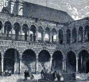 Cloister of the Convent of La Merced, Mexico, fra The Ancient Cities of the New World, av Claude-Joseph-Desire Charnay, pub. 1887 av French School