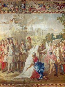 The Construction of Les Invalides i 1670, sentral detalj fra The History of the King, etter Adam Frans Van der Meulen (1632-90) og Charles Le Brun (1619-90) Gobelins Workshop av French School