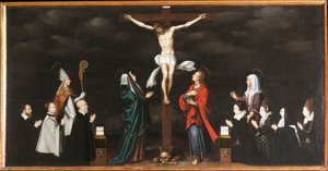 Korsfestelsen, portretter av givere. Triptyk av Aubery av French School