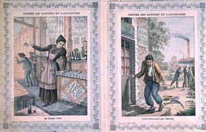 The Dangers of Alcoholism, omslag til en skoleoppgavebok. ca. 1900 (farge litho) av French School