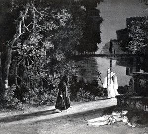 The Death of Pelleas, Act IV, Scene 4 av Pelleas et Melisande av Debussy, fra et fotografi av den første produksjonen i april 1902 av operaen på Opera-Comique i Paris, illustrasjon i Theatre m av French School
