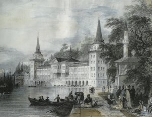 Dolmabahce-palasset på Bosporos, 1840 (fargegravering) av French School