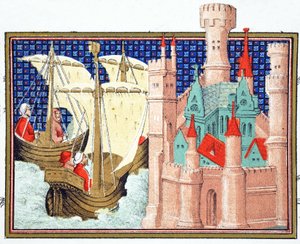 Hertugen av Salisbury ankommer Conway Castle fra Irland, faksimilekopi fra Le Prince et Mort du Roy Richart av Jean Creton, trykt 1800-tallet av French School