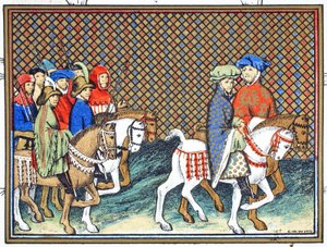 Hertugene av Exeter og Surrey sendt av Richard II fra Conway castle til Chester for å behandle med hertugen av Lancaster, faksimilekopi fra Le Prinse et Mort du Roy Richart av Jean Creton, gjengitt 19. av French School