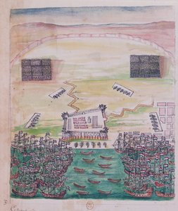Den nederlandske beleiringen av Pondicherry i august 1693, illustrasjon fra reisedagboken til en jesuittmisjonær (penn og blekk og wc på papir) av French School