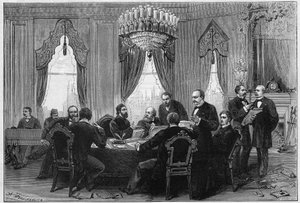 Østkrigen (1875-1878) også kalt den russisk-tyrkiske krigen (russisk-tyrkisk): diplomater møttes på plenumskonferansen i Konstantinopel ved Admirautes palass 23. desember av French School