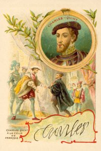 Keiseren Charles V ved hoffet til Frans I av Frankrike (chromolitho) av French School