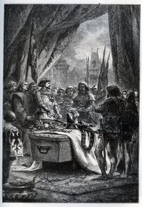 Den engelske guvernøren i Chateauneuf de Randon (Chateauneuf-de-Randon, Auvergne) overga seg og kom for å legge nøklene til plassen på kisten til Bertrand du Guesclin (1320-1380), den 13. juli 1380, foran hvem byen lå. beleiring. Le connetable die av French School