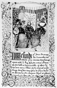 Charles VIIs (1403-61) inntog i Rouen i 1450, fra et manuskript som inneholder beretningen om hundreårskrigen, illustrasjon fra vitenskap og litteratur i middelalderen og renessansen av French School