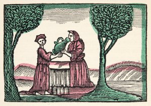 The Fairy from Histories or Tales of Past Times fortalt av Mother Goose, With Morals, av M Perrault, pub. 1925 (håndfarget treblokktrykk) av French School