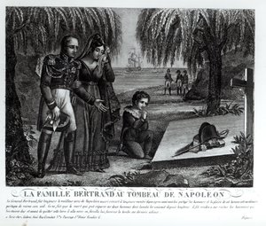 Familien til general Henri-Gratien Bertrand (1773-1844) ved graven til Napoleon Bonaparte (1769-1821) 1821 (litho) (bw-foto)