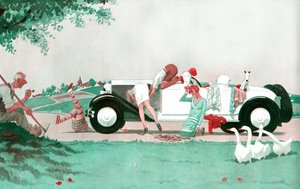 Der verhängnisvolle Zusammenbruch - Wenn der Landwirtschaft die Arme fehlen, fehlen dem Automobil nicht die Beine - Illustration aus la Vie Parisienne