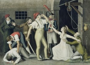 The Filial and Heroic Devotion of Madamemoiselle de Sombreuil i september 1792, ca. 1800 (penn og blekk, wc og gouache på papir) av French School