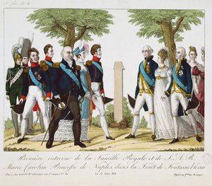 Det første møtet mellom Louis XVIII (1755-1824) og Marie-Caroline-Ferdinande (1798-1870) av Bourbon, ved Croix de St. Herem i Fontainebleau-skogen, 15. juni 1816, 1816-30 (farget engr. av French School