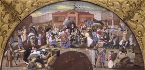 Fiskemarkedet i Les Halles, ca. 1660 av French School