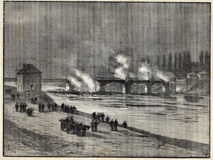 The Franco-Prussian War - The defence of Paris-burning the Bridge of Asnieres - Fire of the bridge of Asnieres during the siege (defense) of Paris Engraving in “” Les combatants de 1870-71”” by commander Leonce Rousset (1850-1938) - Franco Prussian War - ( av French School