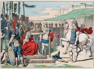 Den galliske kokken Vercingetorix (80-46 f.Kr.) drar til Jules Cesar (100-44 f.Kr.) til Alesia i 52 f.Kr. - Vercingetorix (72-46 f.Kr.) gallisk leder, overga seg til Cæsar i Alesia (Frankrike) - Gravering av slutten av det 19. århundre i "" Nos G av French School