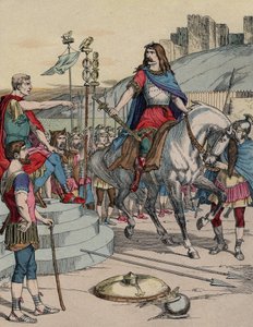 Den galliske høvdingen Vercingetorix (72-46 f.Kr.) overga seg til den romerske høvdingen Julius Caesar (100-44 f.Kr.) etter slaget ved Alesia i 52 f.Kr. - "" Den galliske lederen Vercingetorix (72-46 f.Kr.) overga seg til den romerske høvdingen Jules Cesar av French School