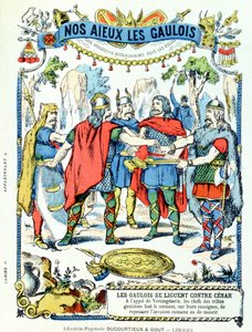 De galliske lederne i ligaen mot Julius Caesar (100-44 f.Kr.) ledet av Vercingetorix (d.46 f.Kr.) fra et beskyttende erme for skolebøker, sent på 1800-tallet av French School