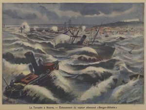Den tyske damperen Berger-Wilhelm går på grunn i en storm utenfor Bizerte, Tunisia (farge litho) av French School