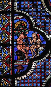 Det barmhjertige samaritanske vinduet: Adam og Eva under kunnskapens tre om godt og ondt (w44) av French School
