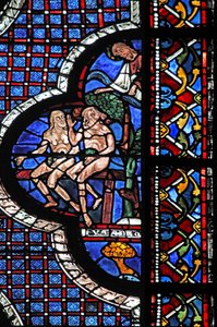 Det barmhjertige samaritanske vinduet: Gud kaller Adam og Eva (med fikenblader) (w44) av French School