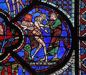 Det barmhjertige samaritanske vinduet: Gud skaper kvinnen fra ribbenet til den sovende Adam (w44) av French School