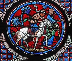 Det barmhjertige samaritan-vinduet: bringer offeret til et vertshus (w44) av French School