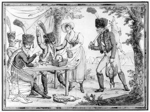 Husarene og Vivandiere, 1803 (wc på papir) av French School